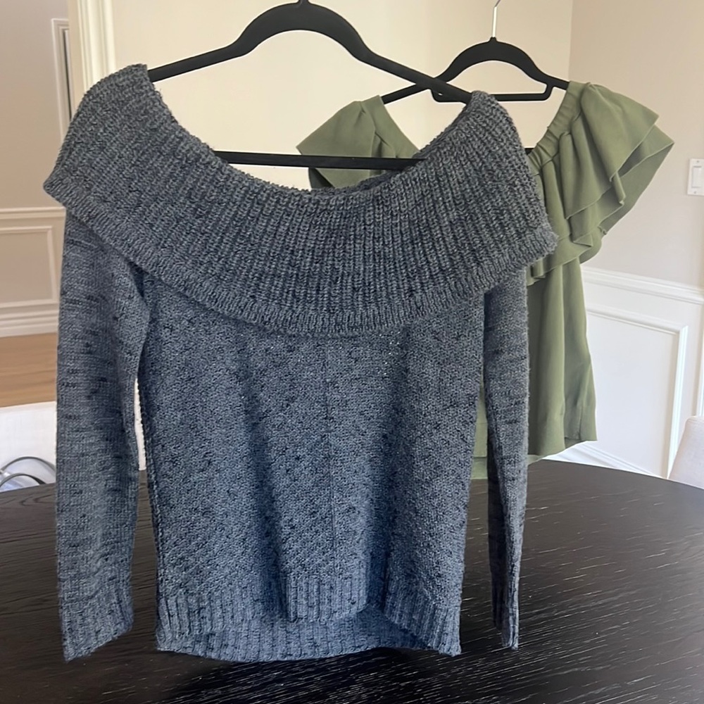 2 off the shoulder sweaters one is Banana Republic, grey sweater melrose market